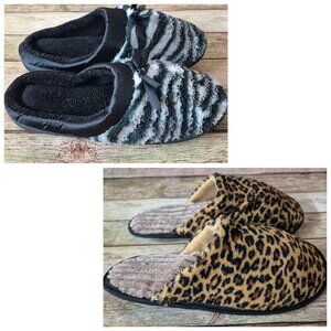 NWOT Lot of 2 Pair of Animal Print Slippers Cheetah Black & Brown Size 7/8